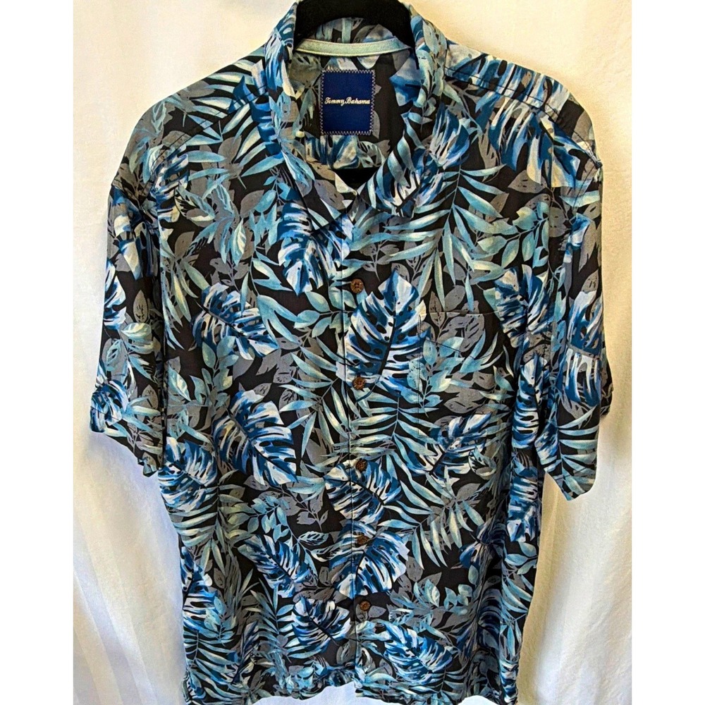 Tommy Bahama Men XL Blue Silk Woven Floral Tropical Hawaiian SS Button-Up Shirt